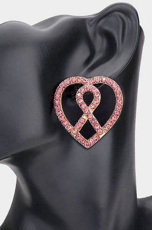 Rhinestone Pink Ribbon Heart Earrings